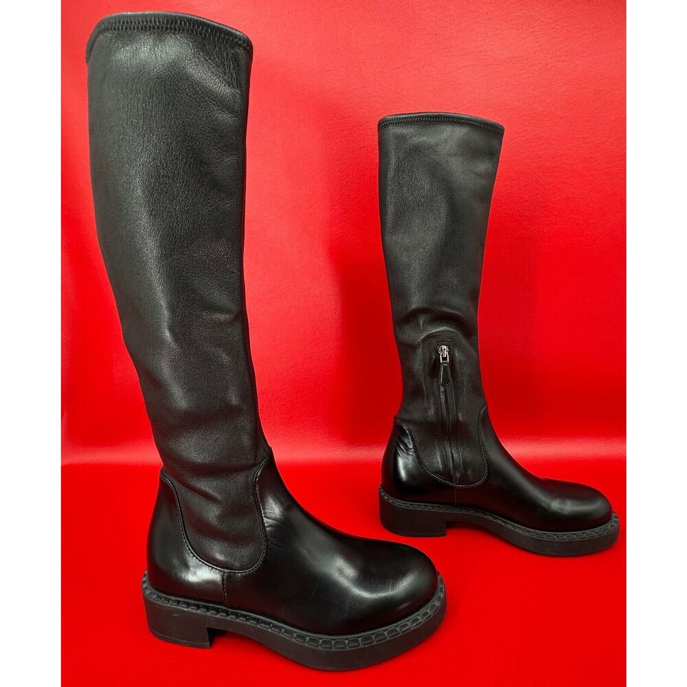 Prada Knee High Black Nappa Leather Stretch Moto Boots Size 36 1/2 Made Italy - Picture 7 of 15